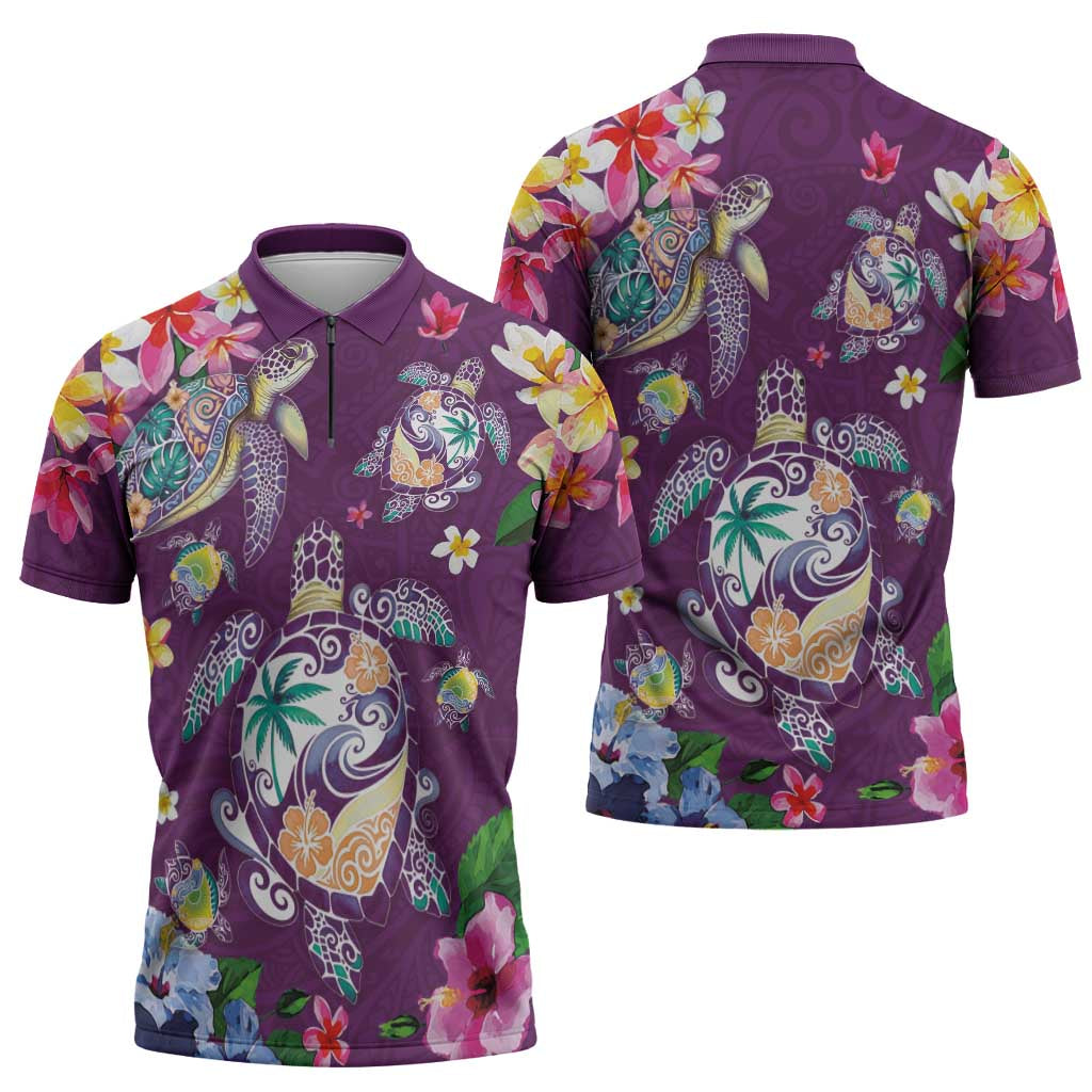 Hawaiian Turtles and Tropical Plants Zipper Polo Shirt Purple Watercolor