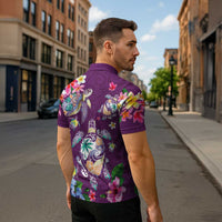 Hawaiian Turtles and Tropical Plants Zipper Polo Shirt Purple Watercolor