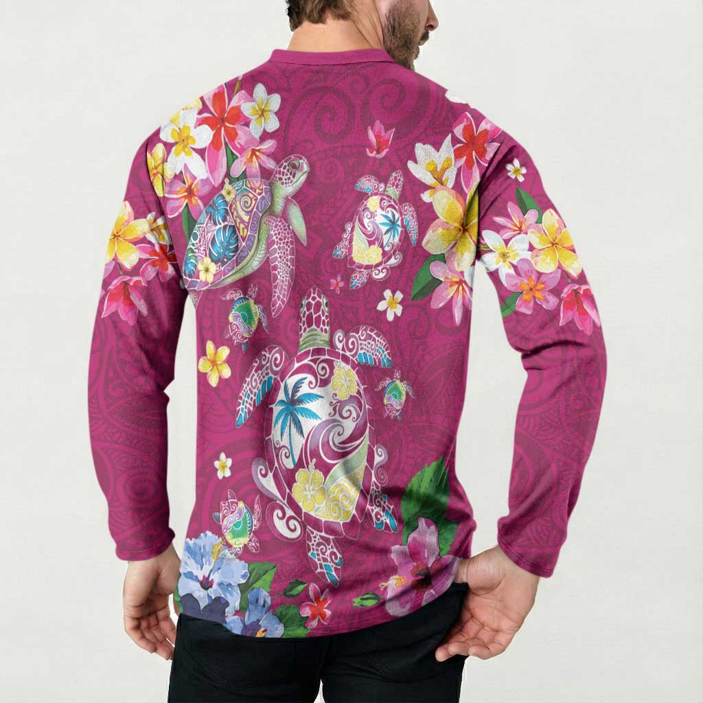Hawaiian Turtles and Tropical Plants Button Sweatshirt Pink Watercolor