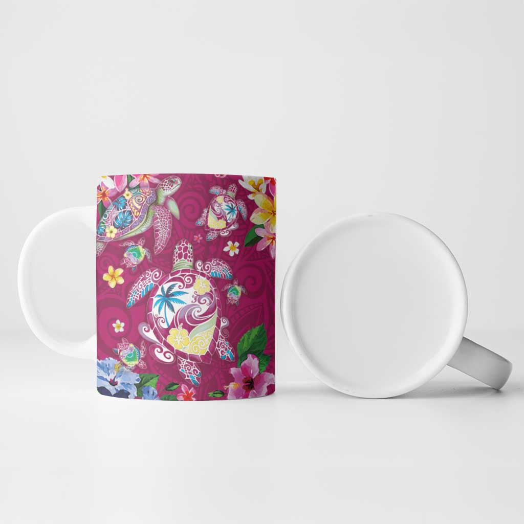 Hawaiian Turtles and Tropical Plants Ceramic Mug Pink Watercolor