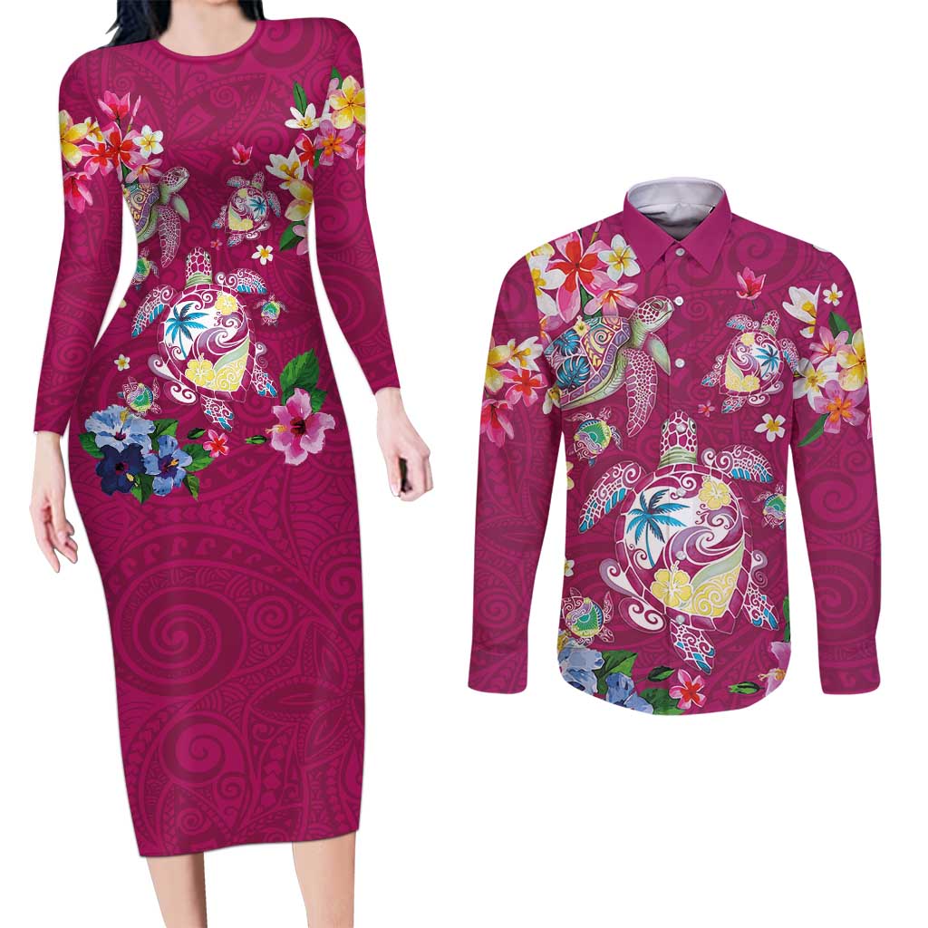 Hawaiian Turtles and Tropical Plants Couples Matching Long Sleeve Bodycon Dress and Long Sleeve Button Shirt Pink Watercolor LT03 Pink - Polynesian Pride