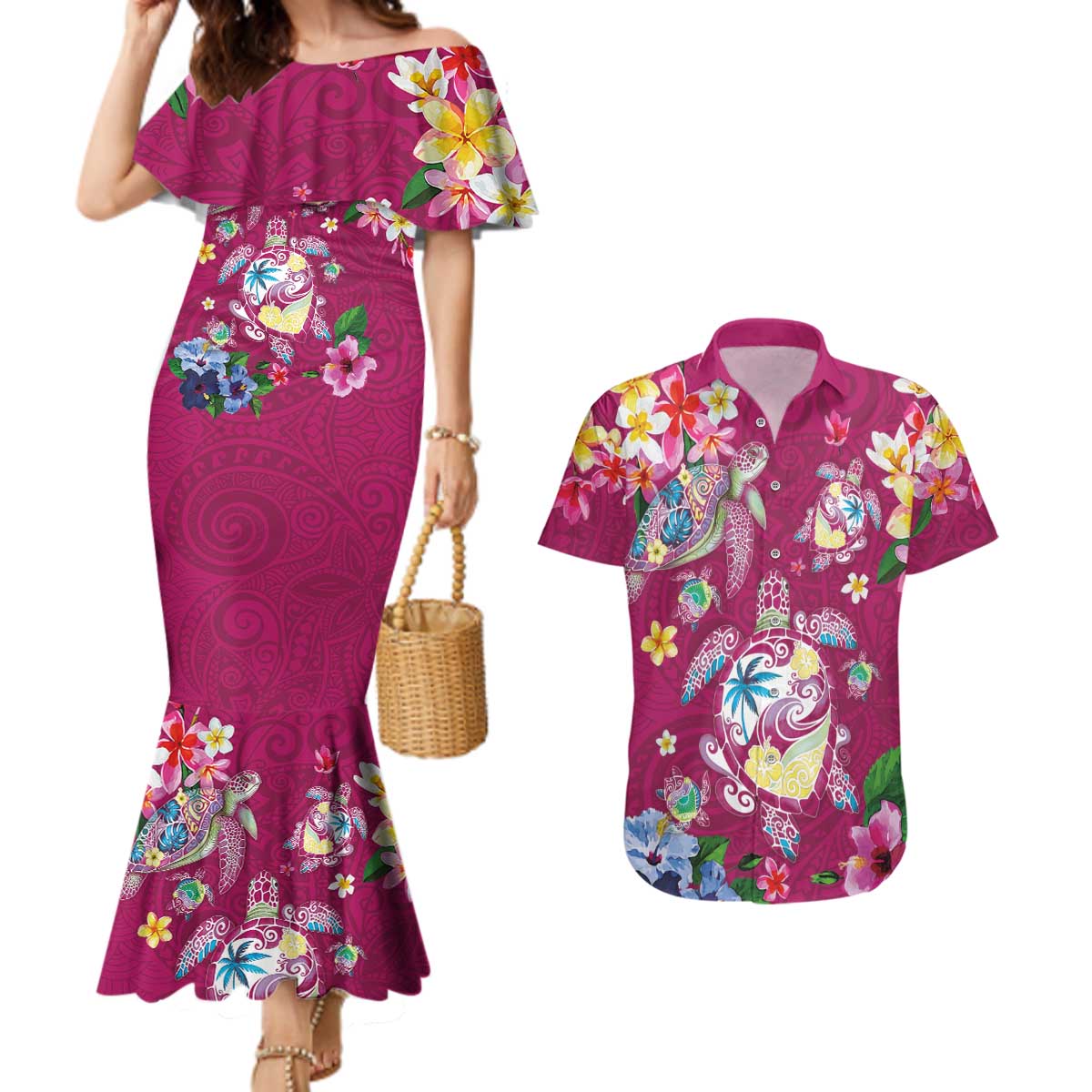Hawaiian Turtles and Tropical Plants Couples Matching Mermaid Dress and Hawaiian Shirt Pink Watercolor