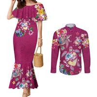 Hawaiian Turtles and Tropical Plants Couples Matching Mermaid Dress and Long Sleeve Button Shirt Pink Watercolor