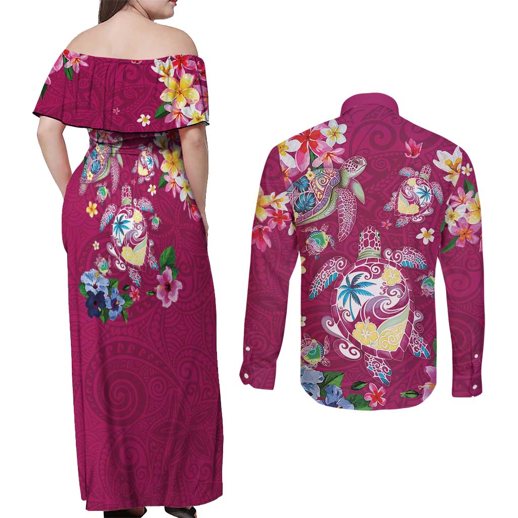 Hawaiian Turtles and Tropical Plants Couples Matching Off Shoulder Maxi Dress and Long Sleeve Button Shirt Pink Watercolor