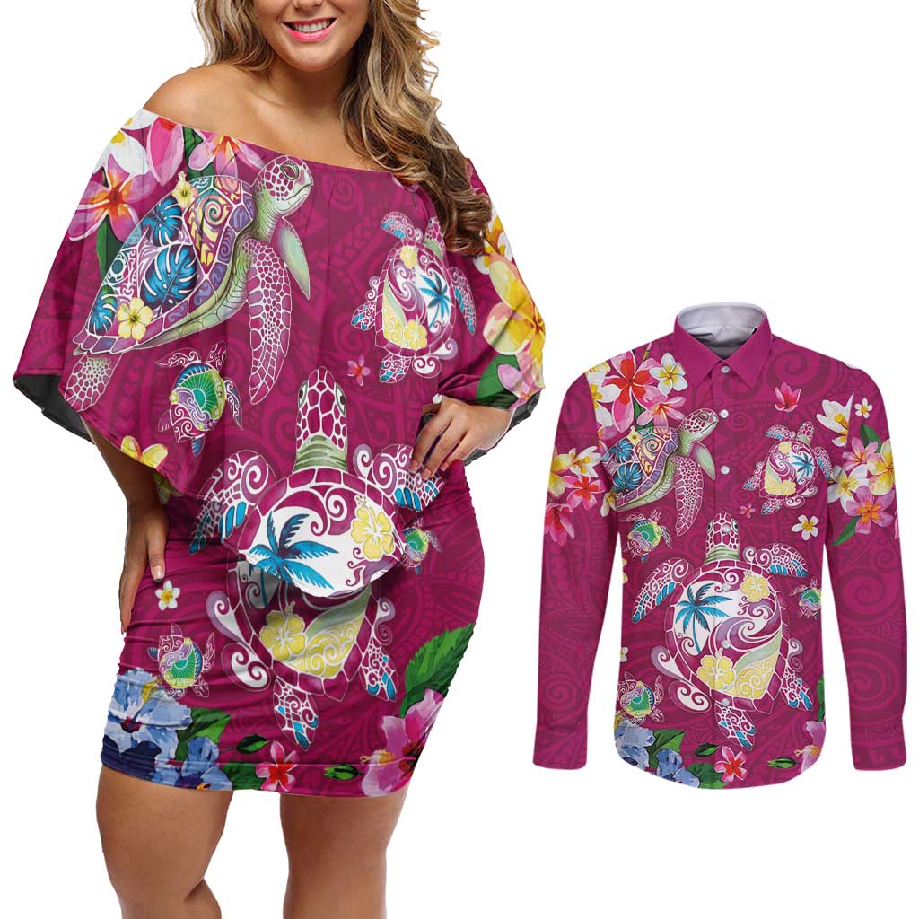 Hawaiian Turtles and Tropical Plants Couples Matching Off Shoulder Short Dress and Long Sleeve Button Shirt Pink Watercolor