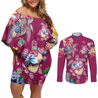 Hawaiian Turtles and Tropical Plants Couples Matching Off Shoulder Short Dress and Long Sleeve Button Shirt Pink Watercolor