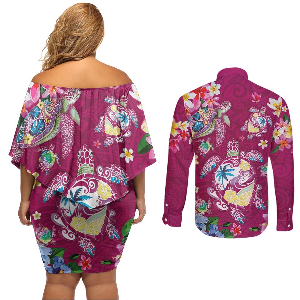 Hawaiian Turtles and Tropical Plants Couples Matching Off Shoulder Short Dress and Long Sleeve Button Shirt Pink Watercolor