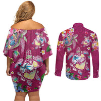 Hawaiian Turtles and Tropical Plants Couples Matching Off Shoulder Short Dress and Long Sleeve Button Shirt Pink Watercolor