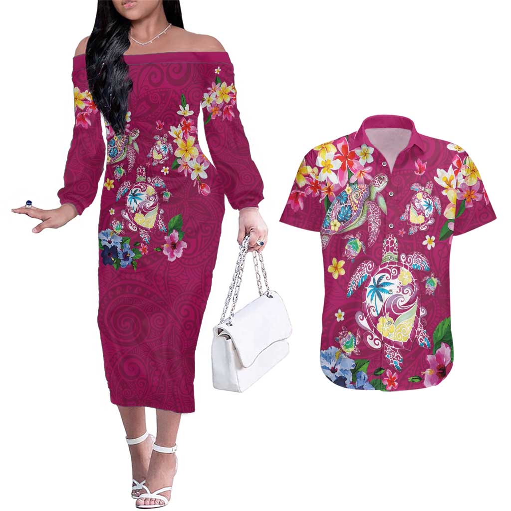 Hawaiian Turtles and Tropical Plants Couples Matching Off The Shoulder Long Sleeve Dress and Hawaiian Shirt Pink Watercolor LT03 Pink - Polynesian Pride