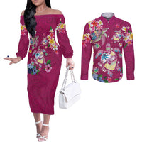 Hawaiian Turtles and Tropical Plants Couples Matching Off The Shoulder Long Sleeve Dress and Long Sleeve Button Shirt Pink Watercolor