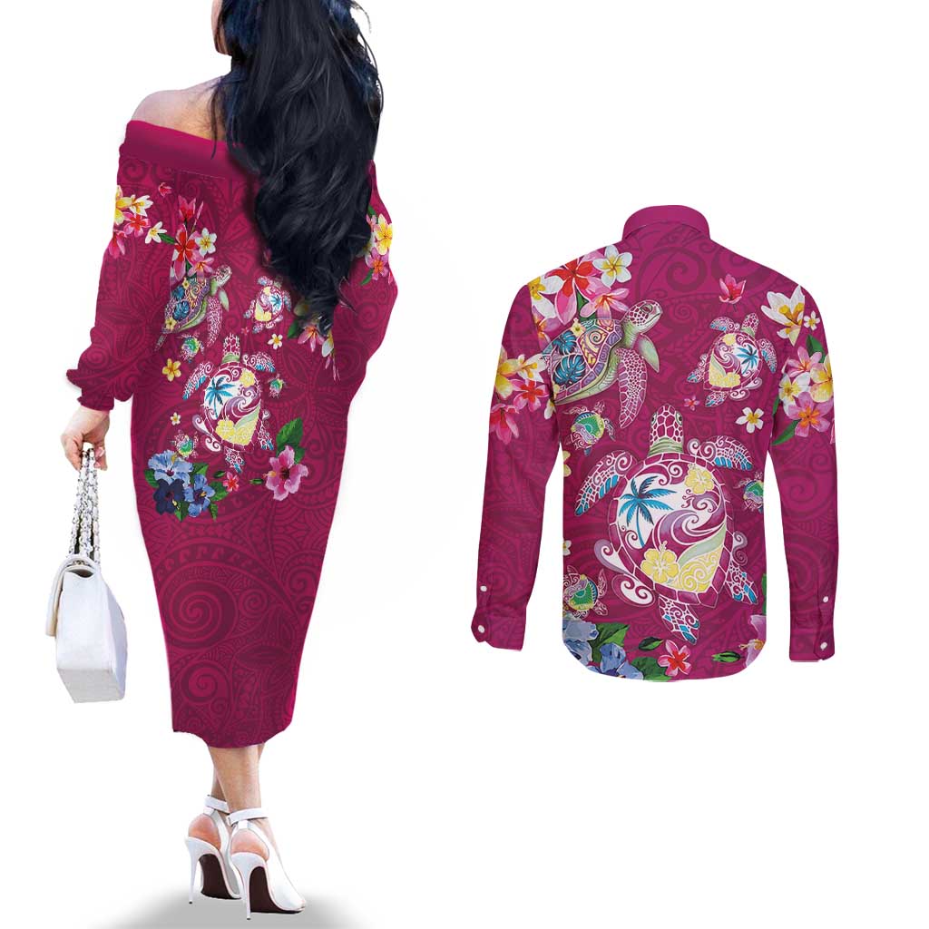 Hawaiian Turtles and Tropical Plants Couples Matching Off The Shoulder Long Sleeve Dress and Long Sleeve Button Shirt Pink Watercolor