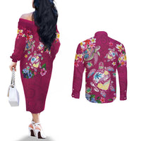 Hawaiian Turtles and Tropical Plants Couples Matching Off The Shoulder Long Sleeve Dress and Long Sleeve Button Shirt Pink Watercolor