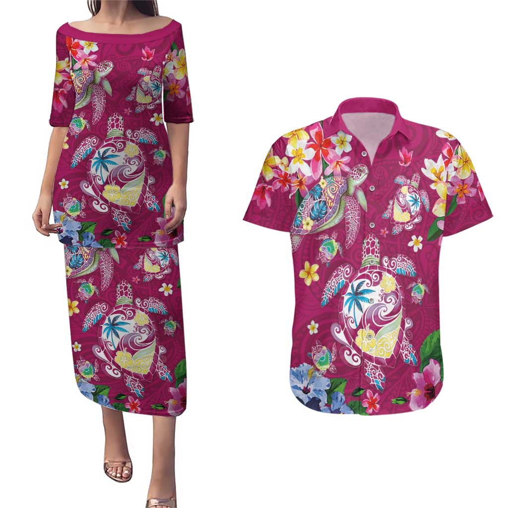 Hawaiian Turtles and Tropical Plants Couples Matching Puletasi and Hawaiian Shirt Pink Watercolor