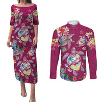 Hawaiian Turtles and Tropical Plants Couples Matching Puletasi and Long Sleeve Button Shirt Pink Watercolor
