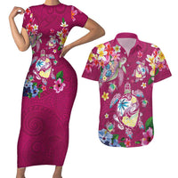 Hawaiian Turtles and Tropical Plants Couples Matching Short Sleeve Bodycon Dress and Hawaiian Shirt Pink Watercolor