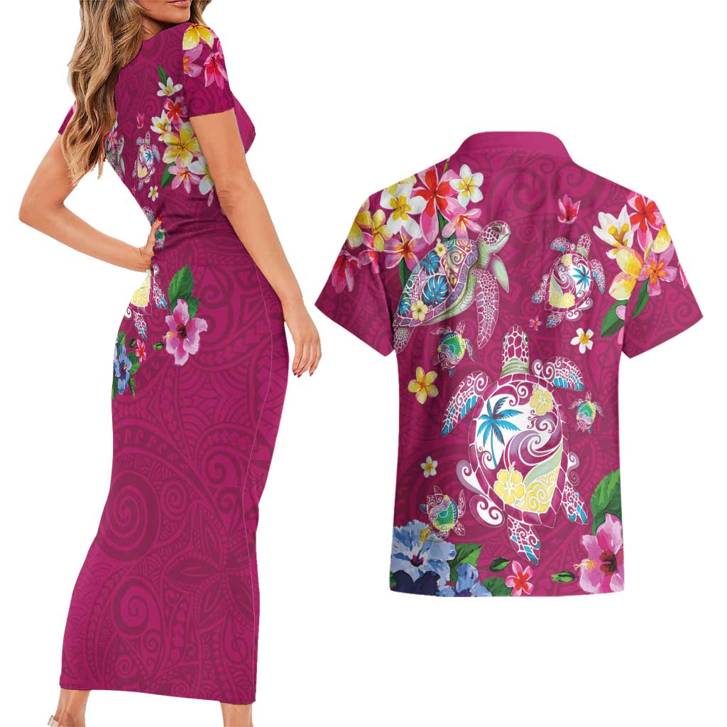 Hawaiian Turtles and Tropical Plants Couples Matching Short Sleeve Bodycon Dress and Hawaiian Shirt Pink Watercolor