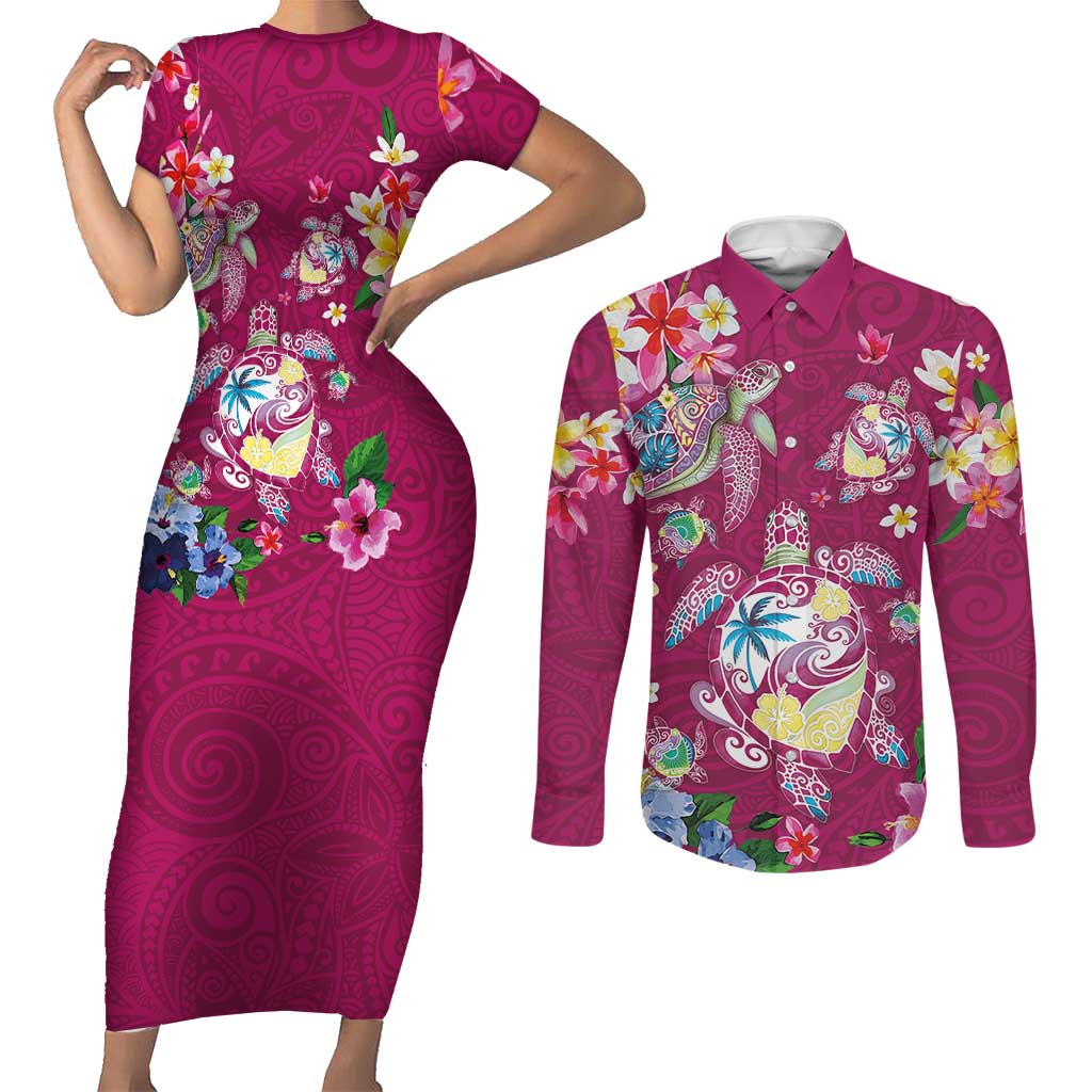 Hawaiian Turtles and Tropical Plants Couples Matching Short Sleeve Bodycon Dress and Long Sleeve Button Shirt Pink Watercolor LT03 Pink - Polynesian Pride