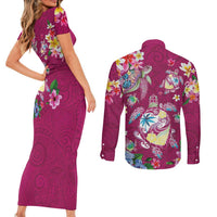 Hawaiian Turtles and Tropical Plants Couples Matching Short Sleeve Bodycon Dress and Long Sleeve Button Shirt Pink Watercolor LT03 - Polynesian Pride