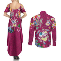 Hawaiian Turtles and Tropical Plants Couples Matching Summer Maxi Dress and Long Sleeve Button Shirt Pink Watercolor