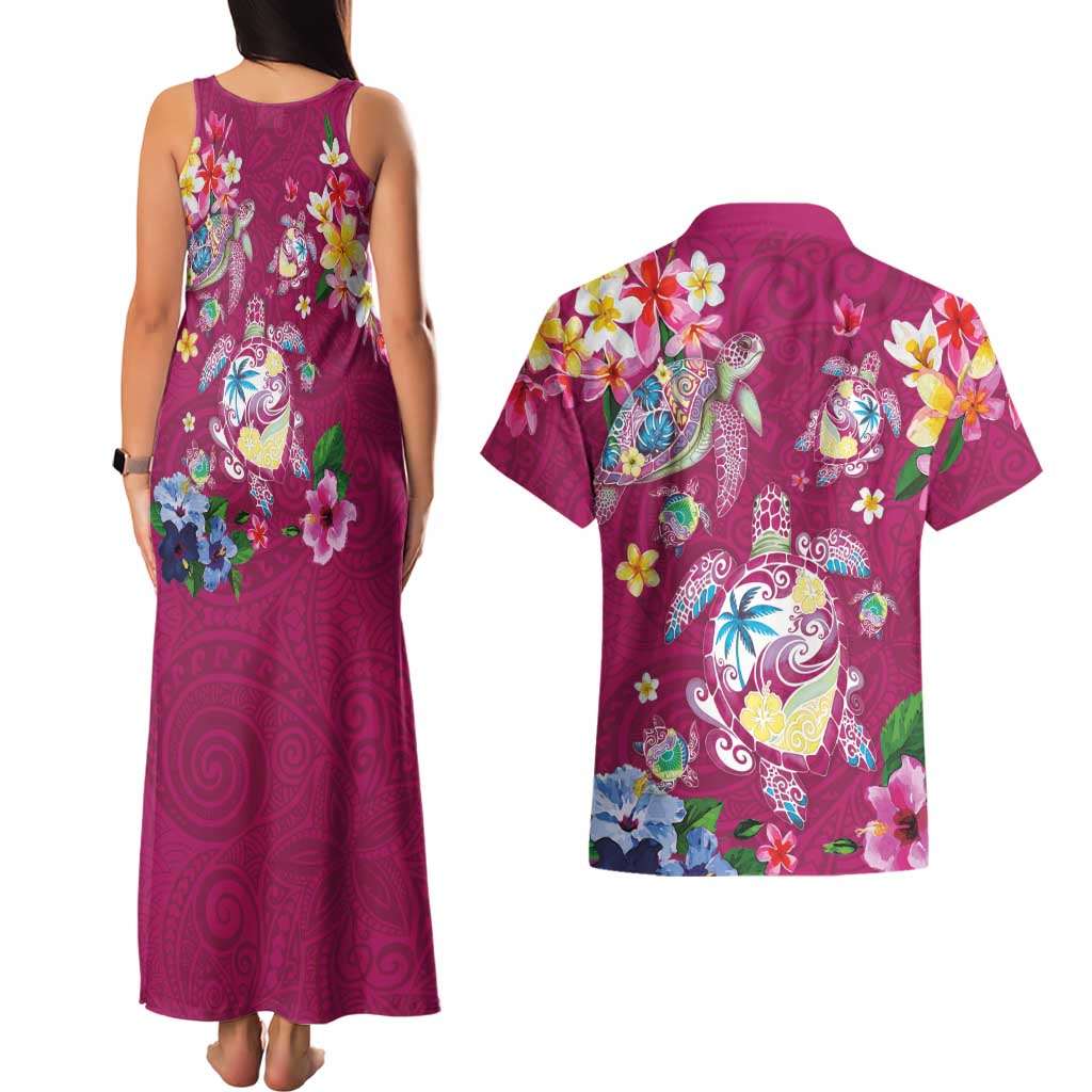 Hawaiian Turtles and Tropical Plants Couples Matching Tank Maxi Dress and Hawaiian Shirt Pink Watercolor