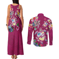 Hawaiian Turtles and Tropical Plants Couples Matching Tank Maxi Dress and Long Sleeve Button Shirt Pink Watercolor