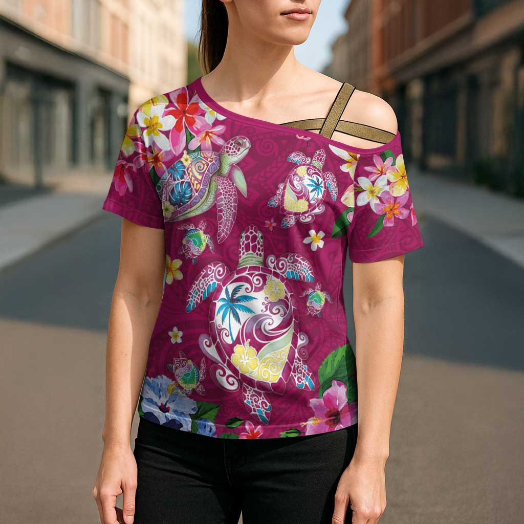 Hawaiian Turtles and Tropical Plants Cross Shoulder Shirt Pink Watercolor