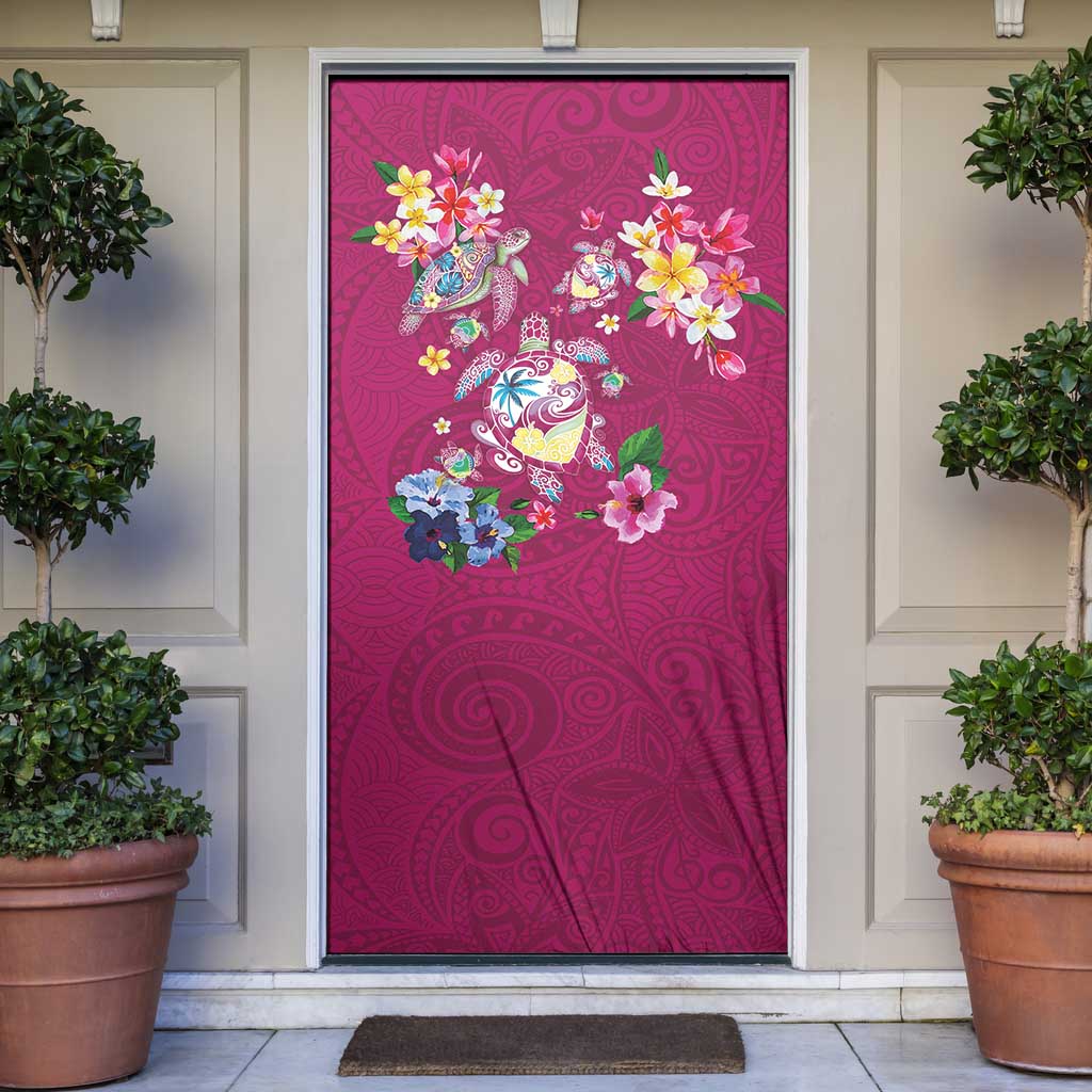 Hawaiian Turtles and Tropical Plants Door Cover Pink Watercolor