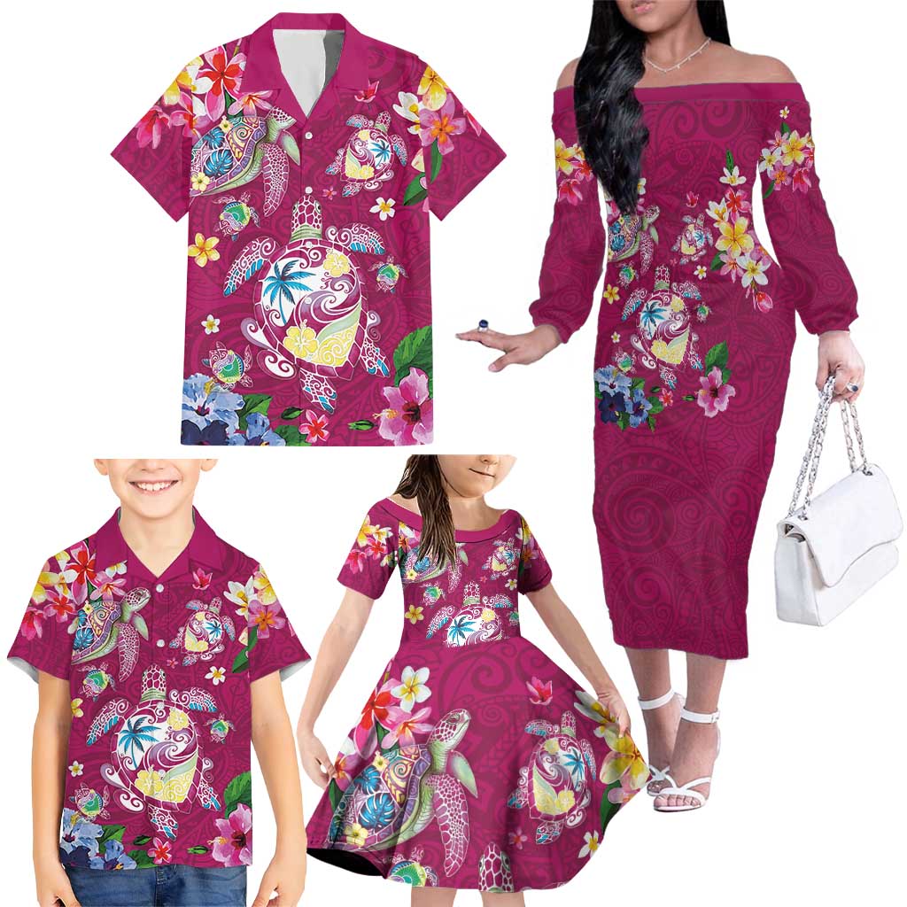 Hawaiian Turtles and Tropical Plants Family Matching Off The Shoulder Long Sleeve Dress and Hawaiian Shirt Pink Watercolor