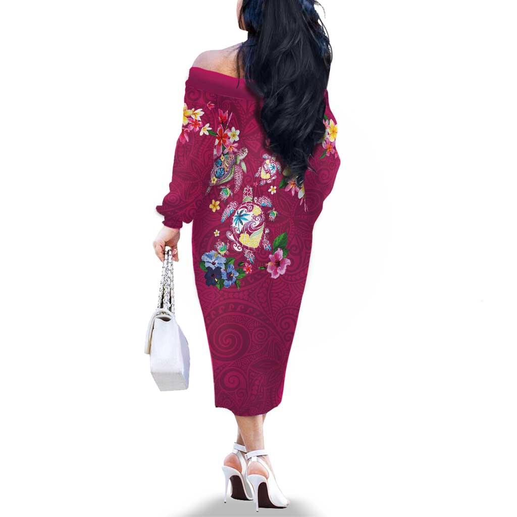 Hawaiian Turtles and Tropical Plants Family Matching Off The Shoulder Long Sleeve Dress and Hawaiian Shirt Pink Watercolor