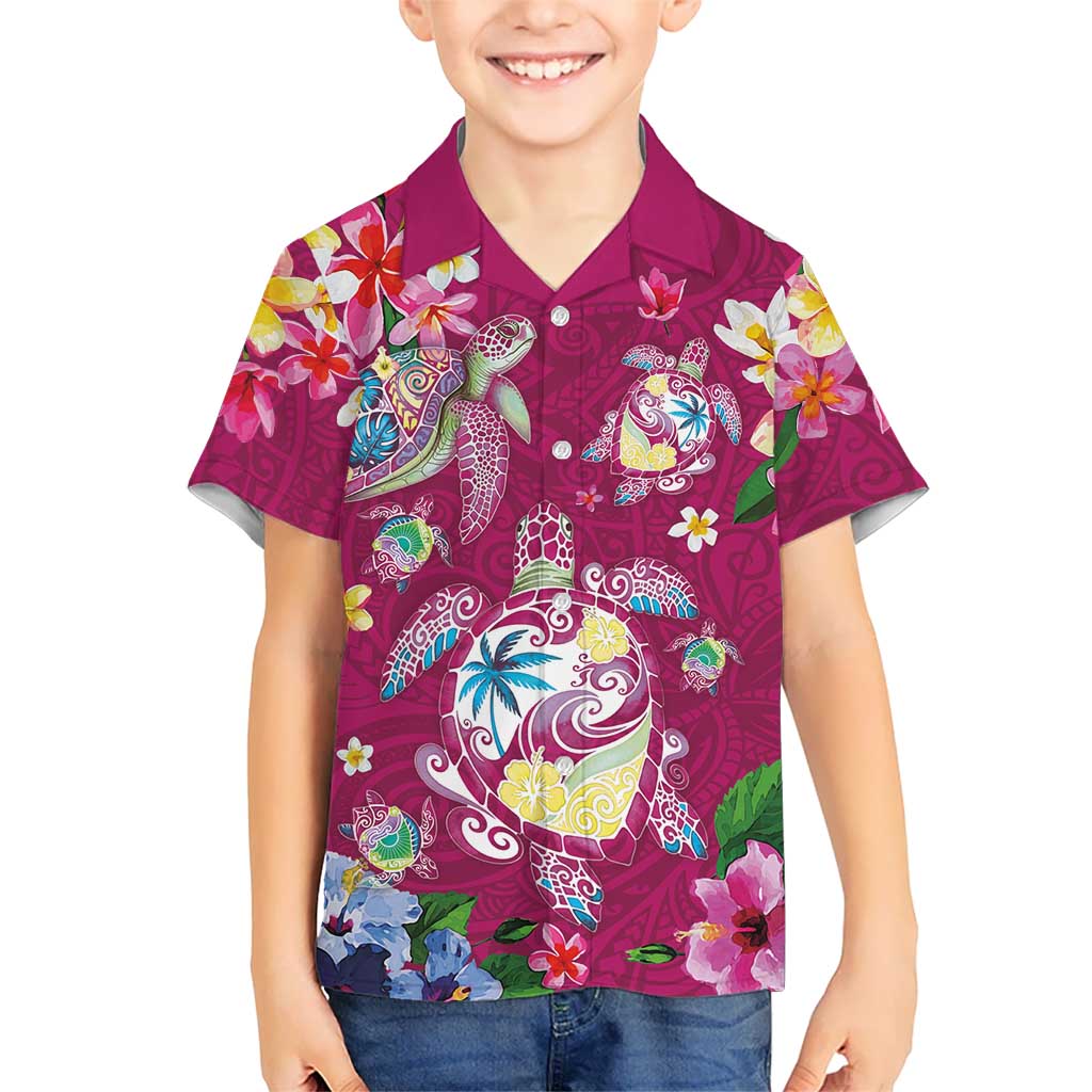 Hawaiian Turtles and Tropical Plants Family Matching Off The Shoulder Long Sleeve Dress and Hawaiian Shirt Pink Watercolor