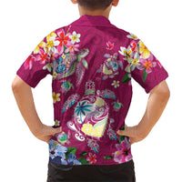 Hawaiian Turtles and Tropical Plants Family Matching Off Shoulder Maxi Dress and Hawaiian Shirt Pink Watercolor