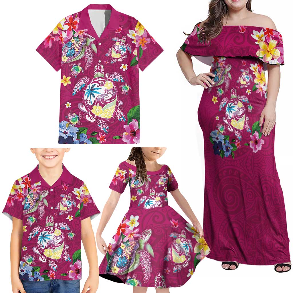 Hawaiian Turtles and Tropical Plants Family Matching Off Shoulder Maxi Dress and Hawaiian Shirt Pink Watercolor