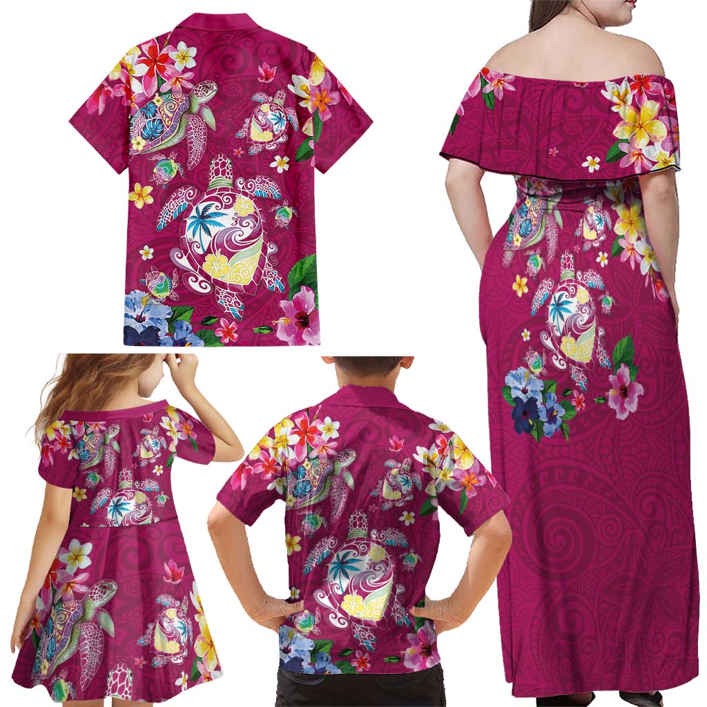 Hawaiian Turtles and Tropical Plants Family Matching Off Shoulder Maxi Dress and Hawaiian Shirt Pink Watercolor