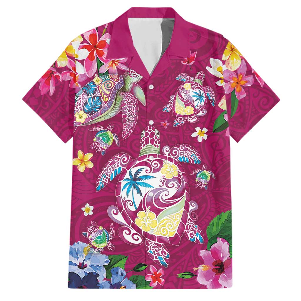 Hawaiian Turtles and Tropical Plants Family Matching Off Shoulder Maxi Dress and Hawaiian Shirt Pink Watercolor