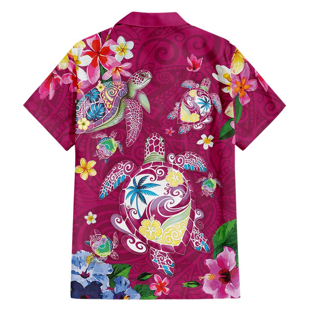 Hawaiian Turtles and Tropical Plants Family Matching Off Shoulder Maxi Dress and Hawaiian Shirt Pink Watercolor