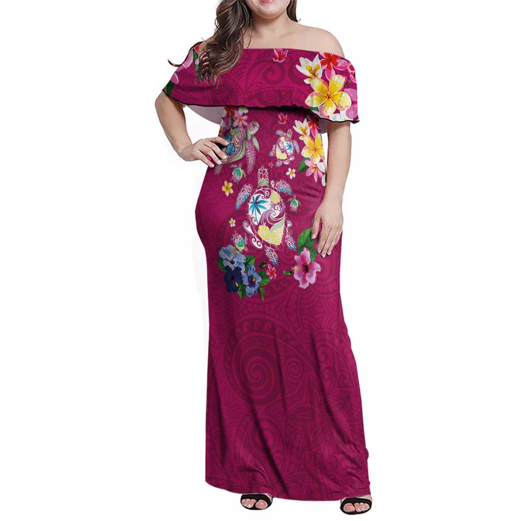 Hawaiian Turtles and Tropical Plants Family Matching Off Shoulder Maxi Dress and Hawaiian Shirt Pink Watercolor