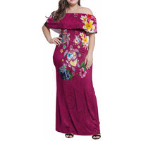 Hawaiian Turtles and Tropical Plants Family Matching Off Shoulder Maxi Dress and Hawaiian Shirt Pink Watercolor