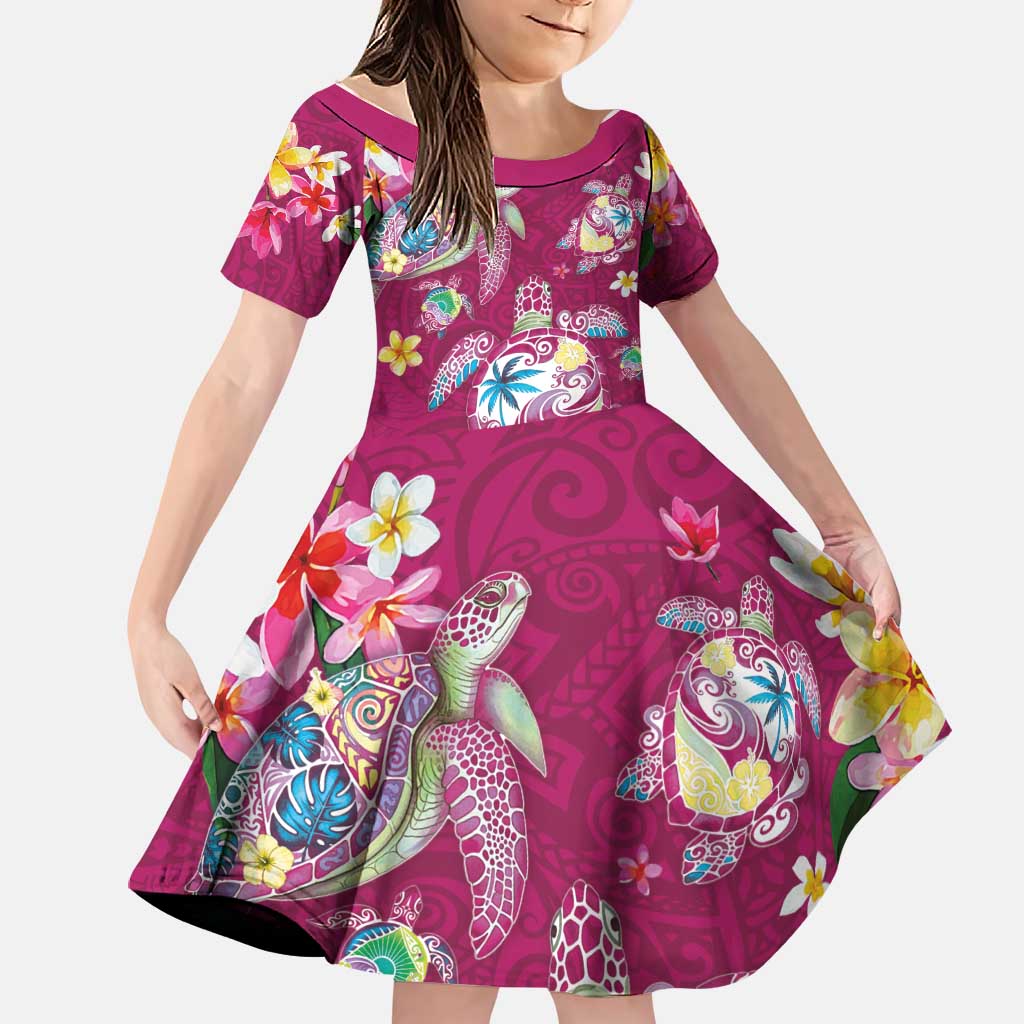 Hawaiian Turtles and Tropical Plants Family Matching Off Shoulder Short Dress and Hawaiian Shirt Pink Watercolor