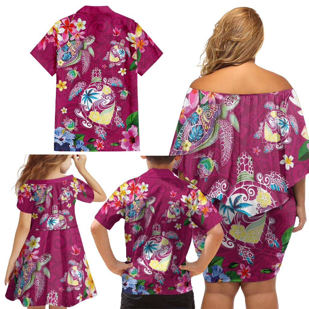 Hawaiian Turtles and Tropical Plants Family Matching Off Shoulder Short Dress and Hawaiian Shirt Pink Watercolor