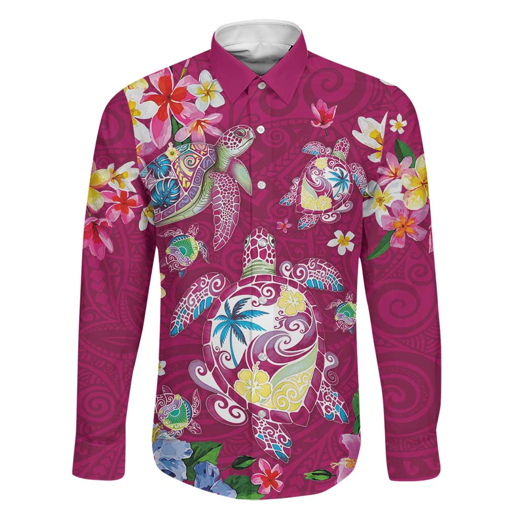 Hawaiian Turtles and Tropical Plants Family Matching Off Shoulder Short Dress and Hawaiian Shirt Pink Watercolor