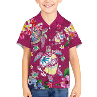Hawaiian Turtles and Tropical Plants Family Matching Off Shoulder Short Dress and Hawaiian Shirt Pink Watercolor