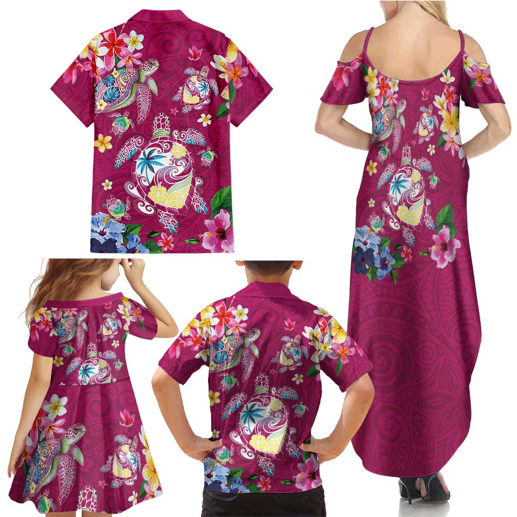 Hawaiian Turtles and Tropical Plants Family Matching Summer Maxi Dress and Hawaiian Shirt Pink Watercolor
