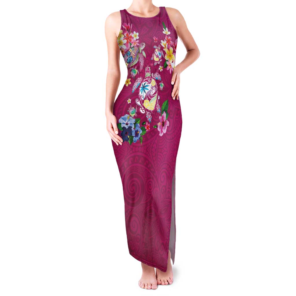 Hawaiian Turtles and Tropical Plants Family Matching Tank Maxi Dress and Hawaiian Shirt Pink Watercolor