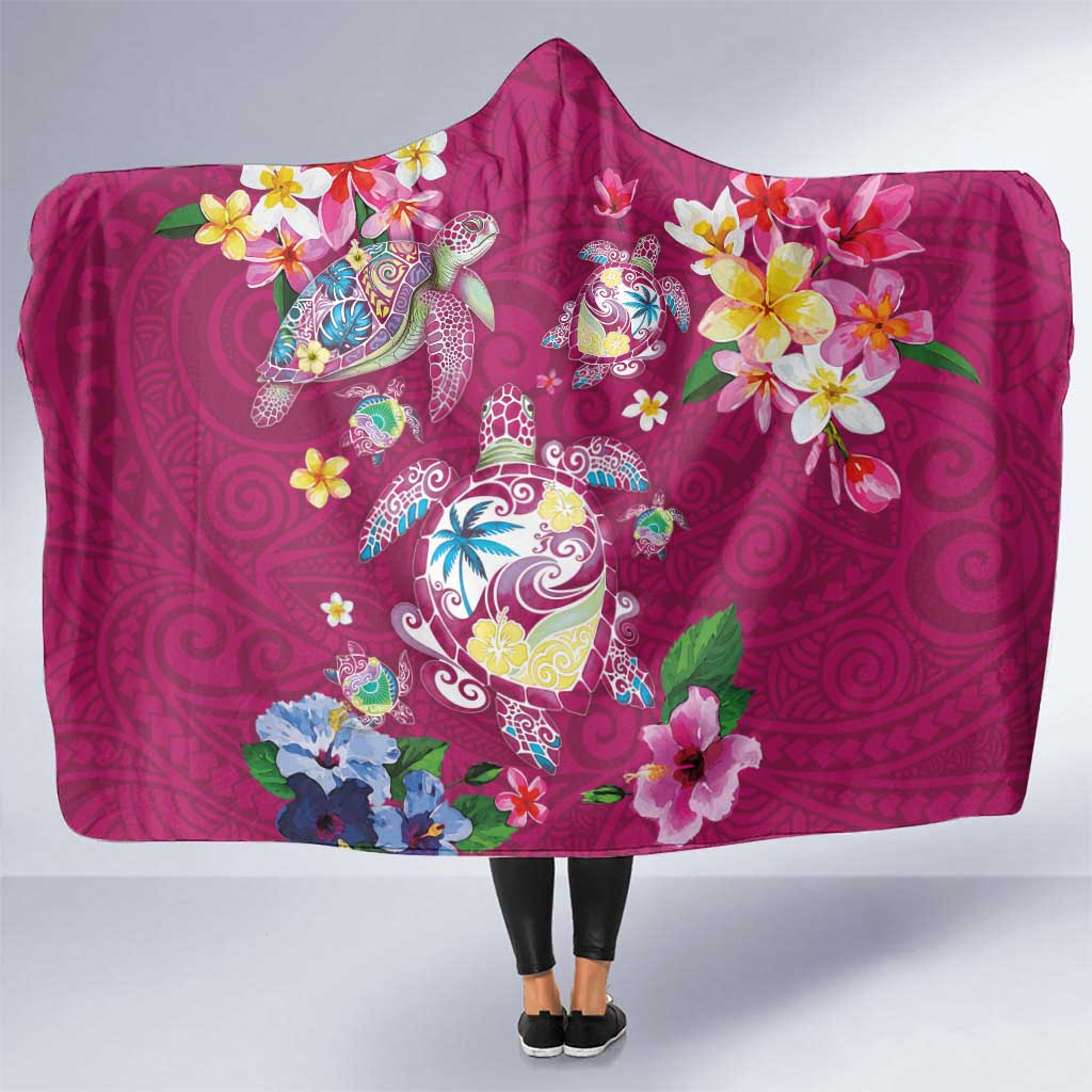 Hawaiian Turtles and Tropical Plants Hooded Blanket Pink Watercolor LT03 One Size Pink - Polynesian Pride
