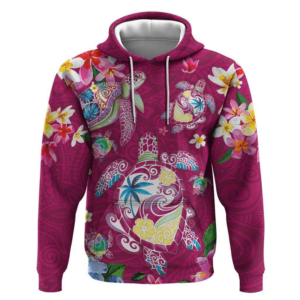 Hawaiian Turtles and Tropical Plants Hoodie Pink Watercolor