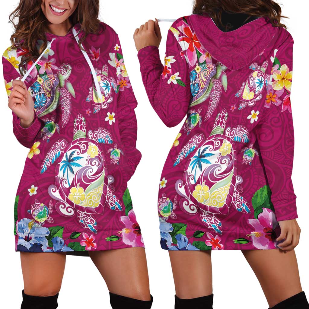 Hawaiian Turtles and Tropical Plants Hoodie Dress Pink Watercolor