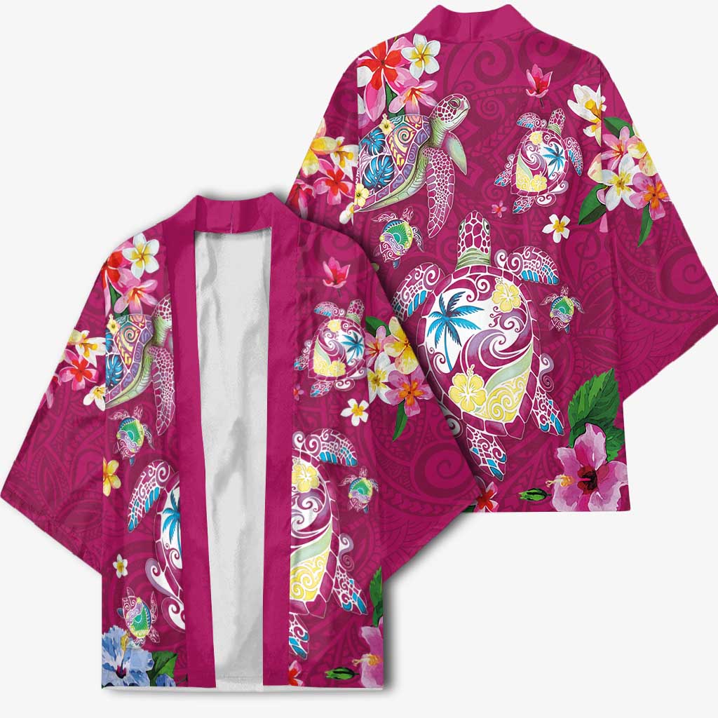 Hawaiian Turtles and Tropical Plants Kimono Pink Watercolor
