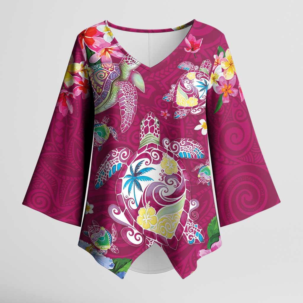 Hawaiian Turtles and Tropical Plants Kimono Sleeve Blouse Pink Watercolor