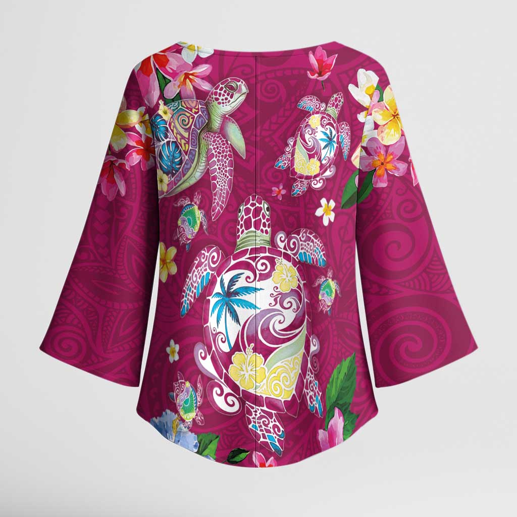 Hawaiian Turtles and Tropical Plants Kimono Sleeve Blouse Pink Watercolor