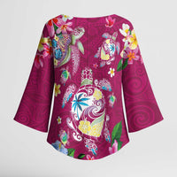 Hawaiian Turtles and Tropical Plants Kimono Sleeve Blouse Pink Watercolor